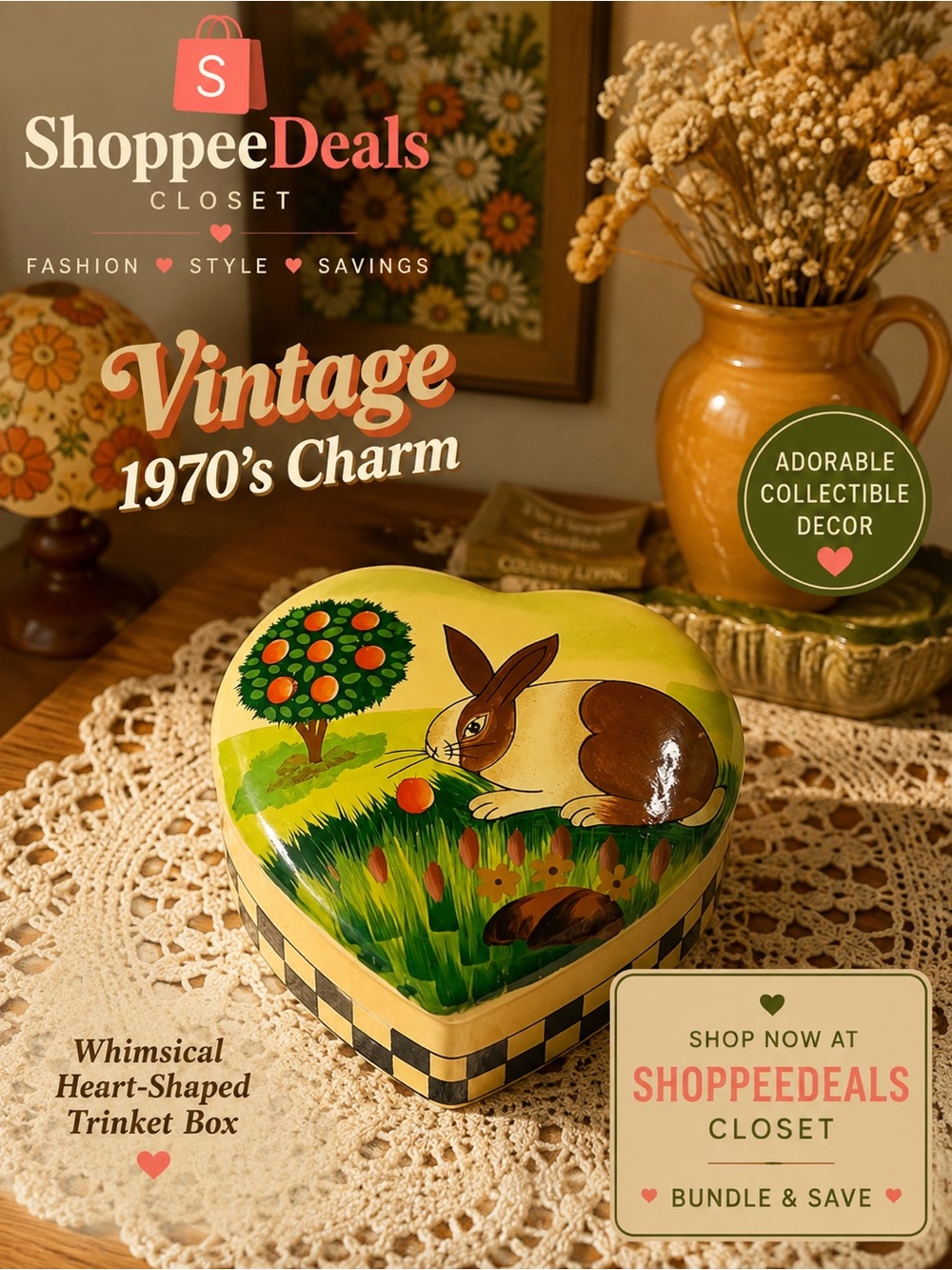 Vintage-Style Heart-Shaped Rabbit Decorative Trinket Box